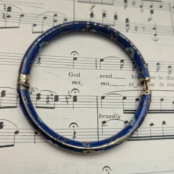 Floral Blue Bangle Cloisonne Bracelet - Picture 12 of 12